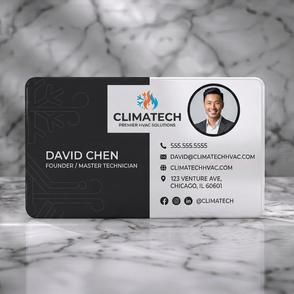 Solid white PVC business card featuring modern two-toned design with HVAC icons, a smiling headshot, and clean sans-serif typography