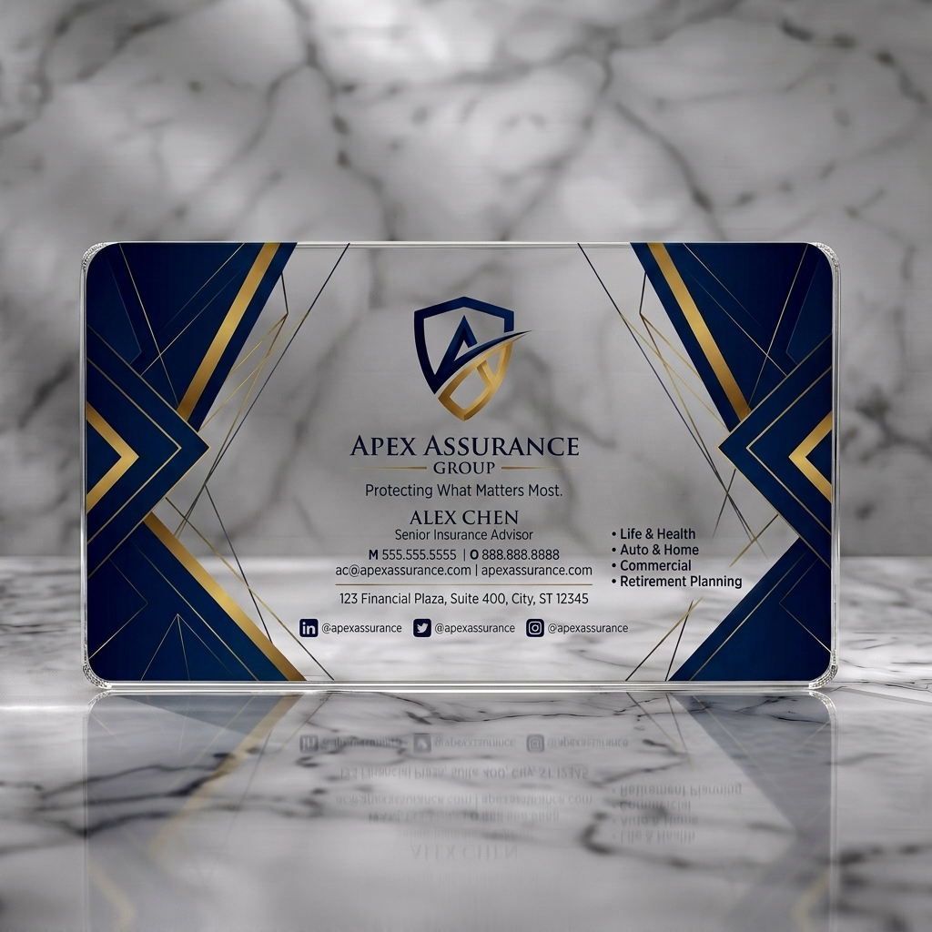 Clear plastic business card featuring dark blue and gold geometric design, shield logo, elegant serif and sans-serif typography, social icons
