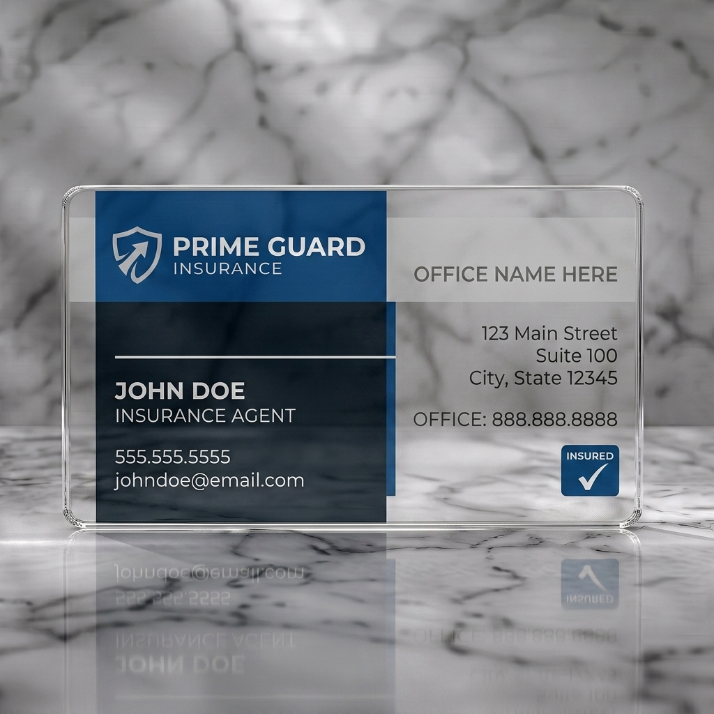 Clear plastic business card featuring a modern, professional design with navy and white blocks, sans-serif text, shield logo, and 'insured' icon
