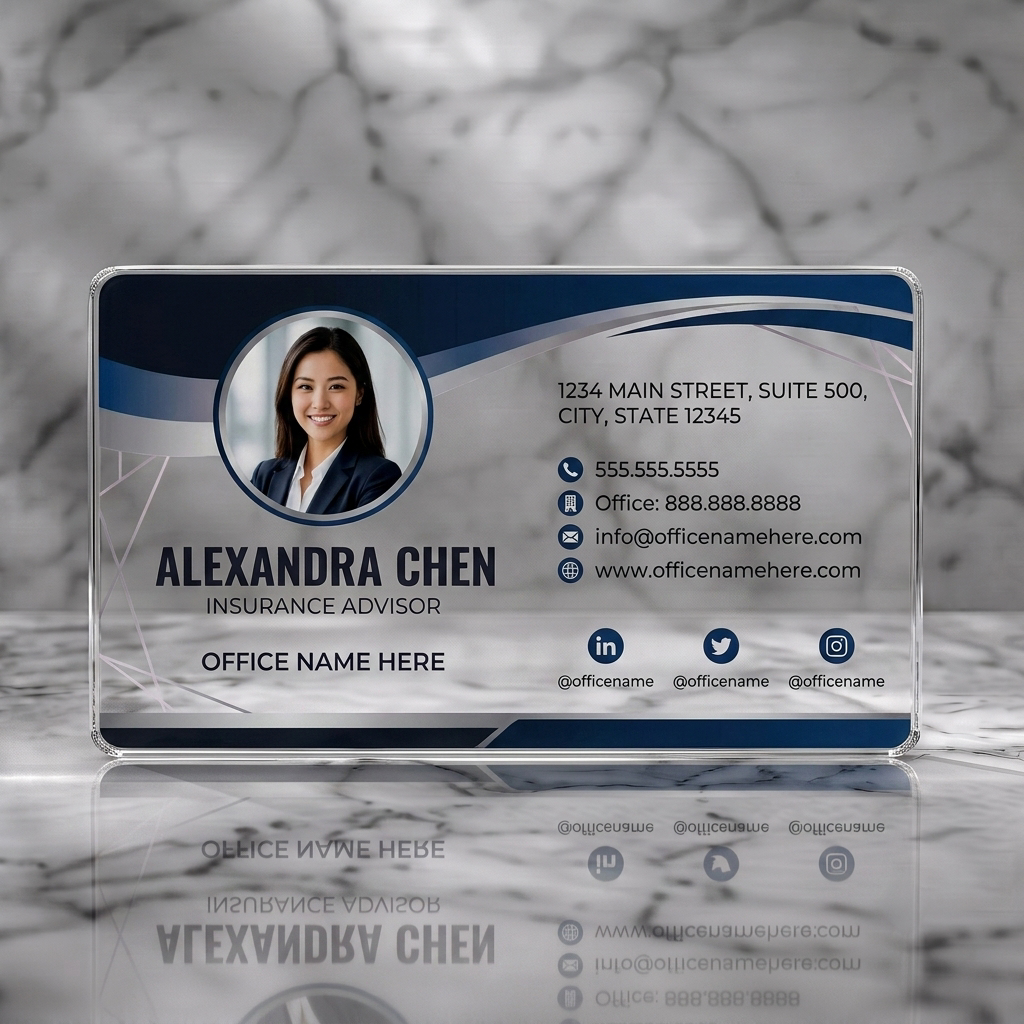 Clear plastic business card featuring modern wavy design in navy, light blue, and pink, with a circular photo, sans-serif typography, and clean icons
