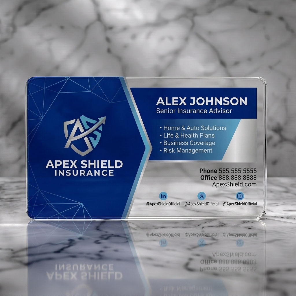 Clear plastic business card featuring modern blue and silver design with a shield logo, geometric patterns, clean sans-serif typography, and social media icons