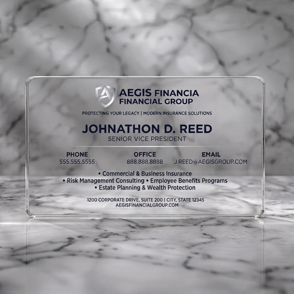Clear plastic business card featuring modern, professional design featuring a metallic shield logo, bold sans-serif typography, and deep indigo text