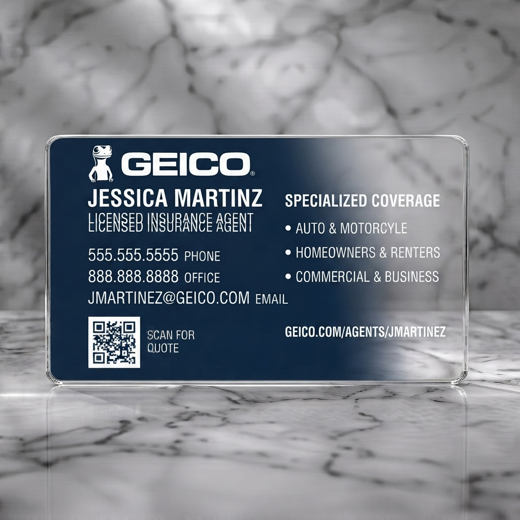 Clear plastic business card featuring professional split-layout design in navy and white with sans-serif fonts, GEICO logo, and QR code