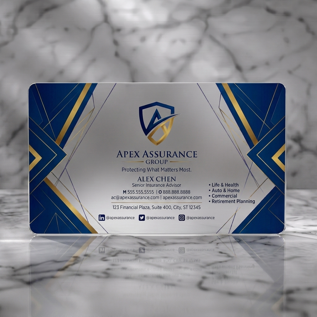 Frosted translucent plastic business card featuring dark blue and gold geometric design, shield logo, elegant serif and sans-serif typography, social icons
