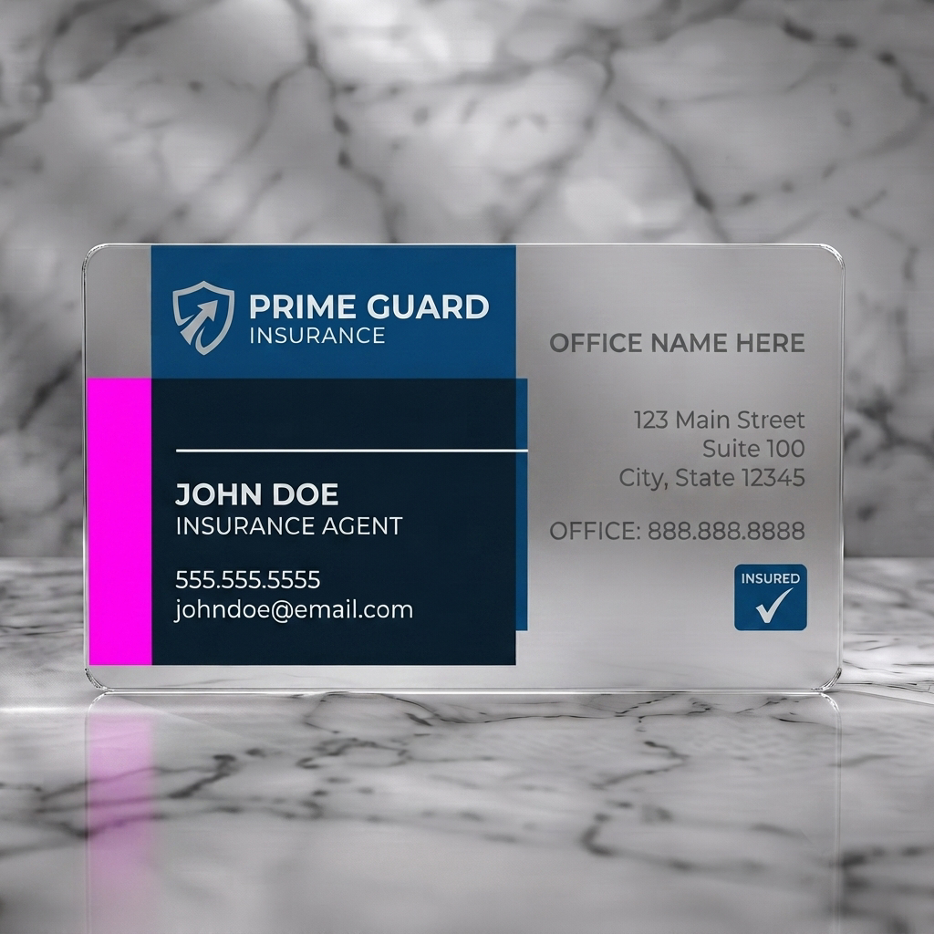 Frosted translucent plastic business card featuring a modern, professional design with navy and white blocks, sans-serif text, shield logo, and 'insured' icon