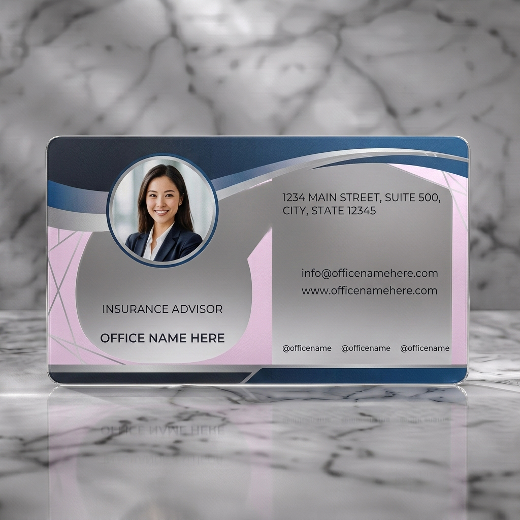 Frosted translucent plastic business card featuring modern wavy design in navy, light blue, and pink, with a circular photo, sans-serif typography, and clean icons