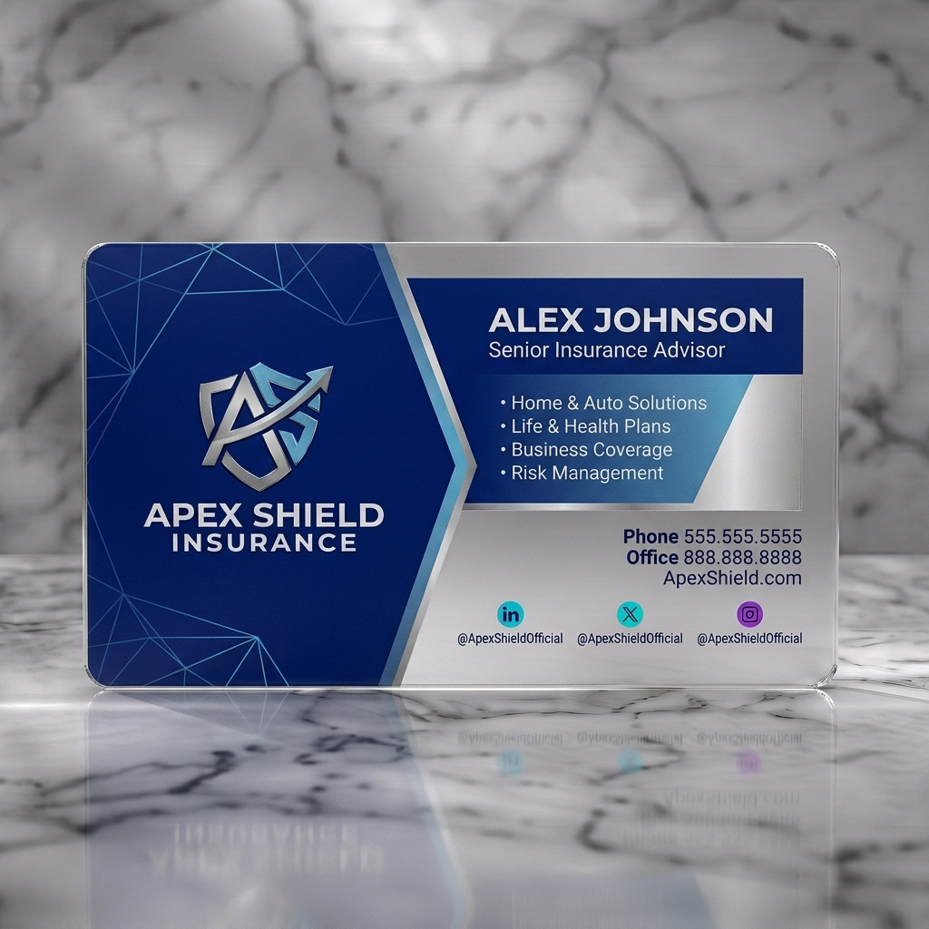 Frosted translucent plastic business card featuring modern blue and silver design with a shield logo, geometric patterns, clean sans-serif typography, and social media icons