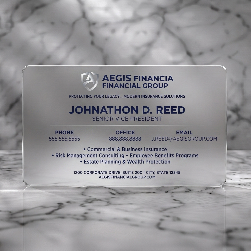 Frosted translucent plastic business card featuring modern, professional design featuring a metallic shield logo, bold sans-serif typography, and deep indigo text