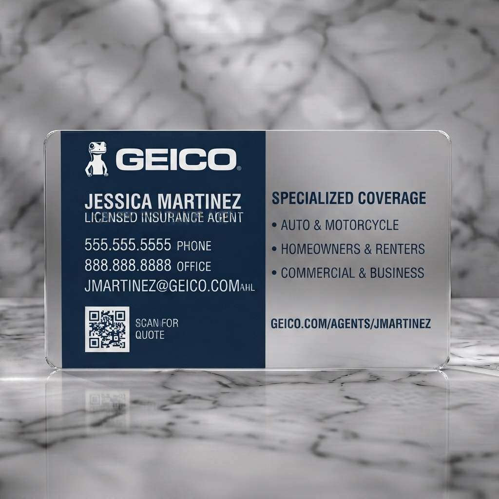 Frosted translucent plastic business card featuring professional split-layout design in navy and white with sans-serif fonts, GEICO logo, and QR code