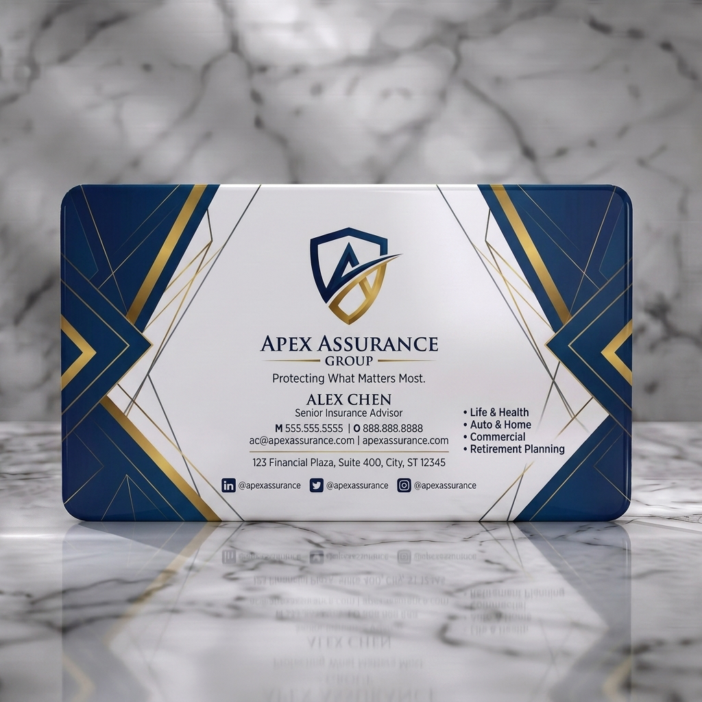 Solid white PVC business card featuring dark blue and gold geometric design, shield logo, elegant serif and sans-serif typography, social icons