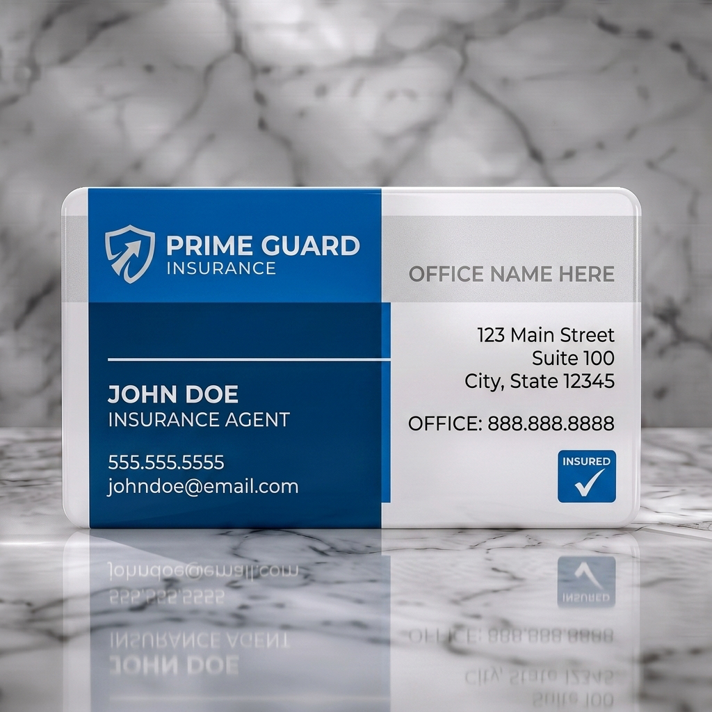 Solid white PVC business card featuring a modern, professional design with navy and white blocks, sans-serif text, shield logo, and 'insured' icon