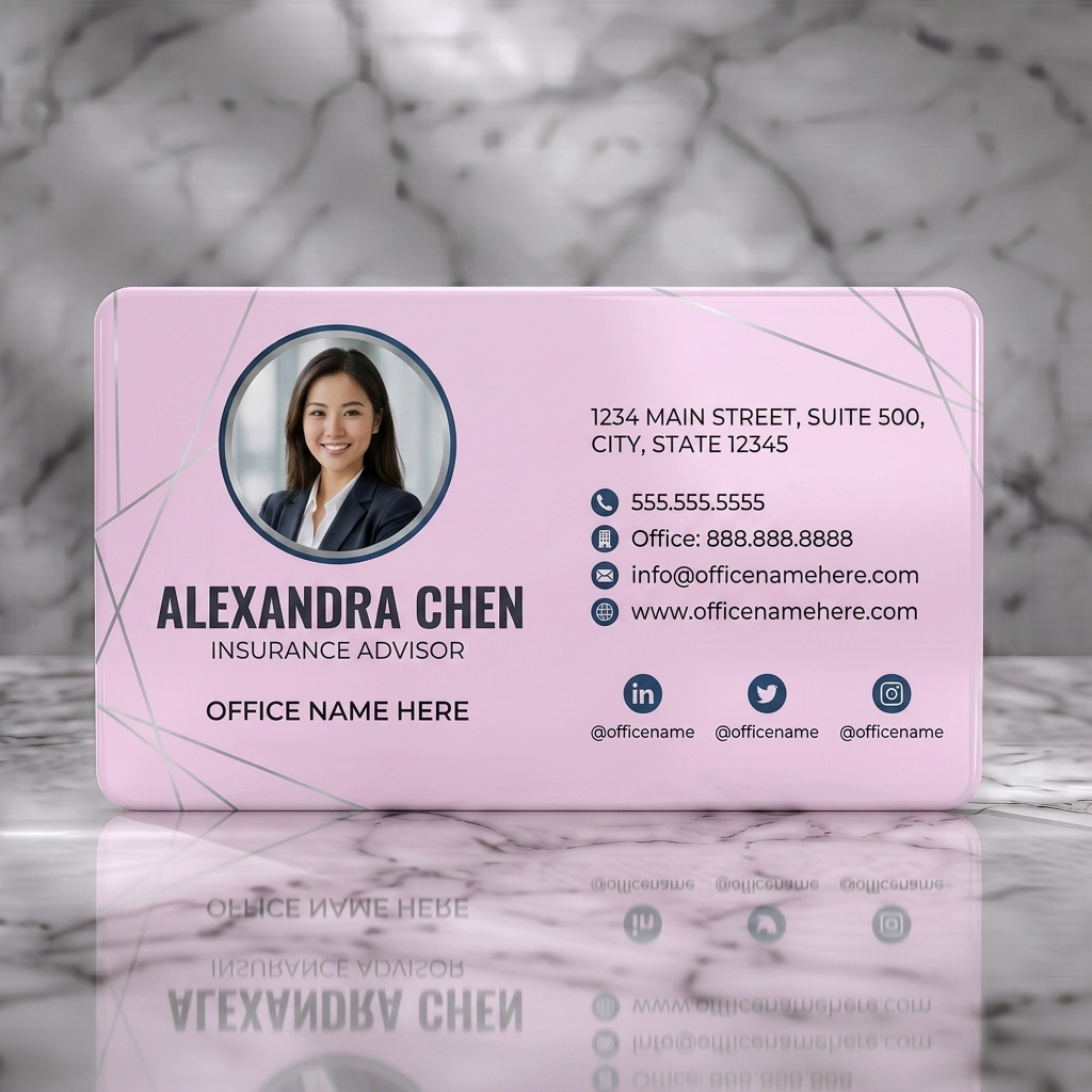 Solid white PVC business card featuring modern wavy design in navy, light blue, and pink, with a circular photo, sans-serif typography, and clean icons