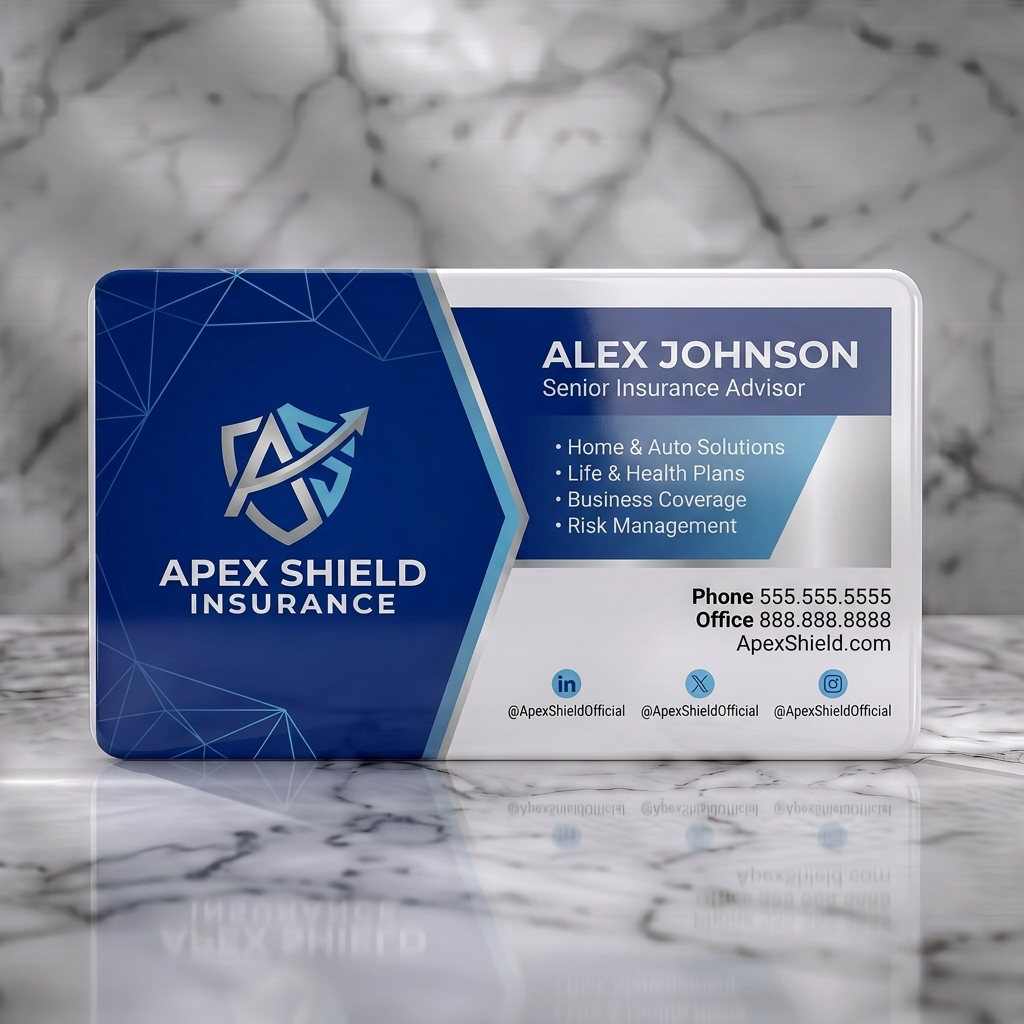 Solid white PVC business card featuring modern blue and silver design with a shield logo, geometric patterns, clean sans-serif typography, and social media icons