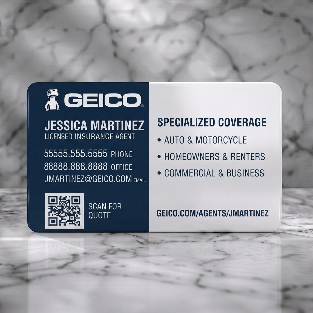 Solid white PVC business card featuring professional split-layout design in navy and white with sans-serif fonts, GEICO logo, and QR code