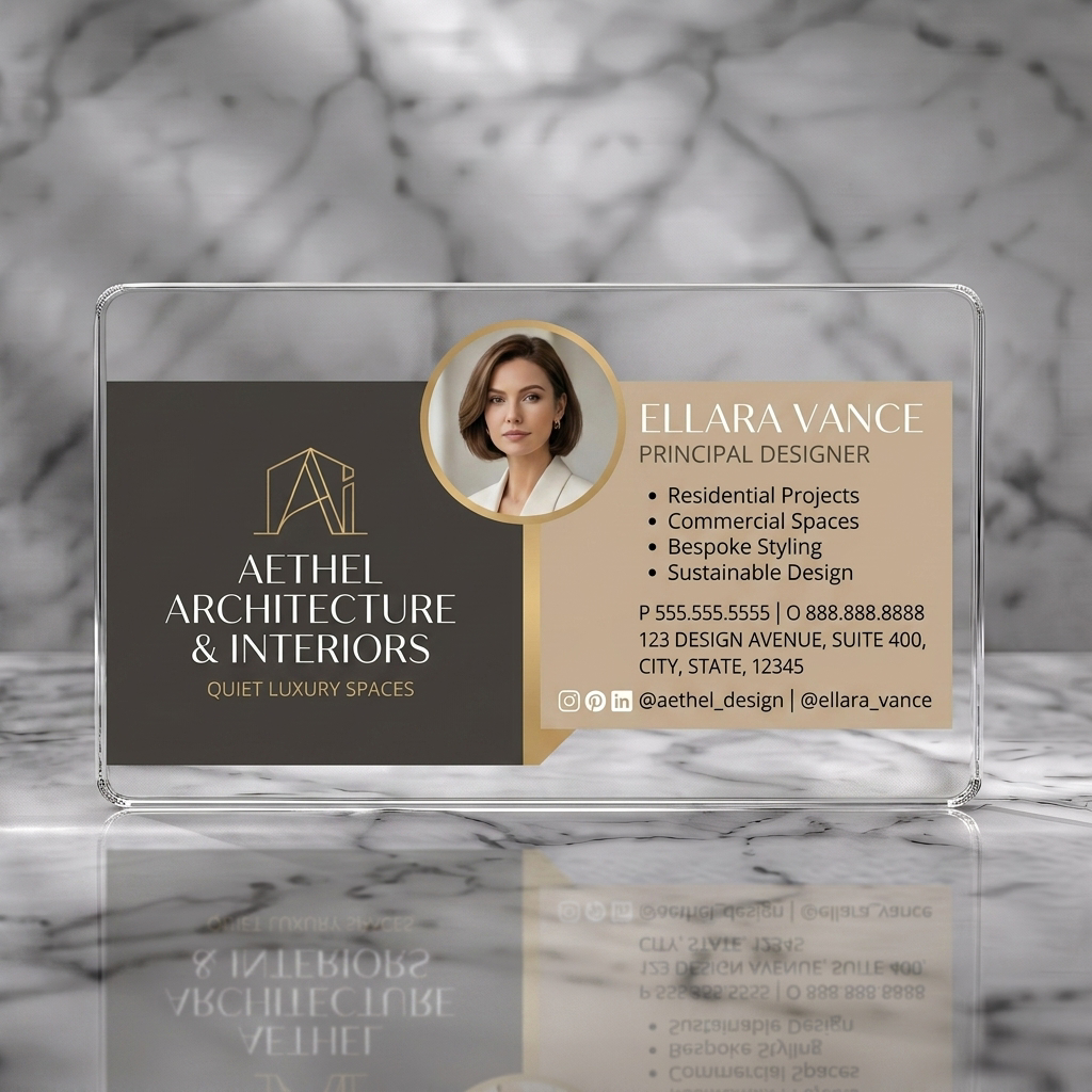 Clear plastic business card featuring luxurious split-panel design with charcoal and gold tones, modern sans-serif fonts, and social icons