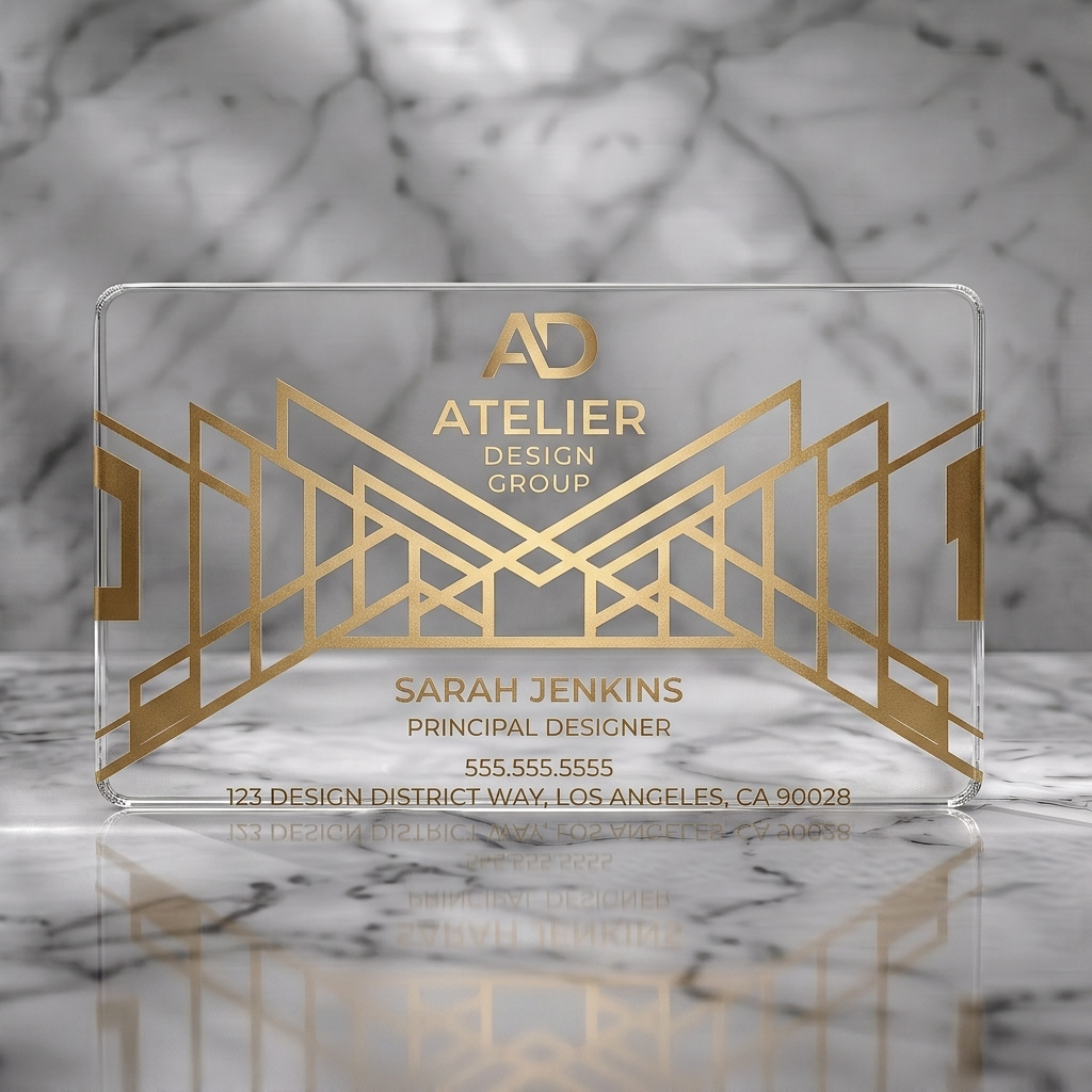 Clear plastic business card featuring gold Art Deco geometric pattern, AD monogram, and modern sans-serif typography