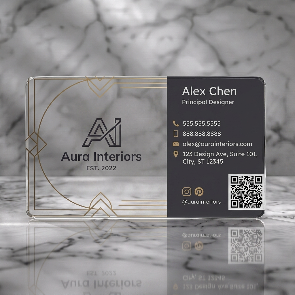 Clear plastic business card featuring sophisticated charcoal and gold design, modern line art, clean sans-serif typography, and simple icons