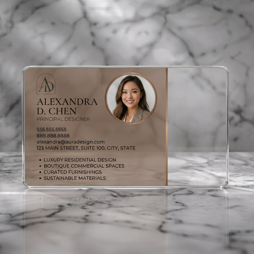 Clear plastic business card featuring elegant design with a professional portrait, warm beige and black colors, and classic serif typography