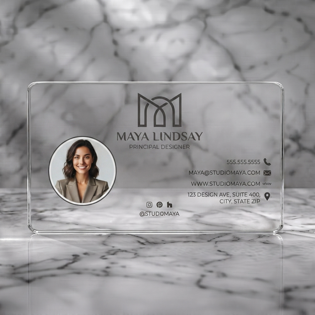 Clear plastic business card featuring modern, minimalist design in monochrome, a geometric 'M' logo, sans-serif fonts, and relevant contact icons