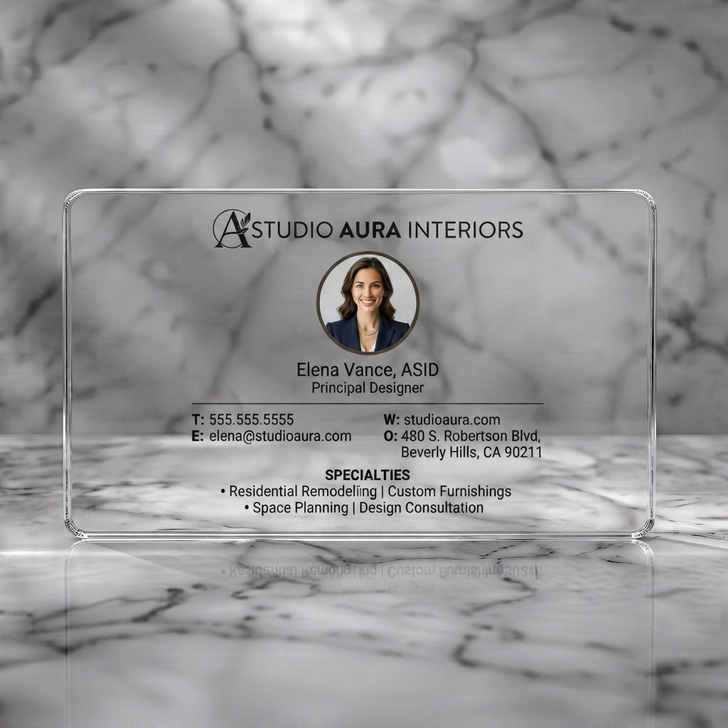 Clear plastic business card featuring a clean style using black typography, a gold leaf logo, and a circular profile picture