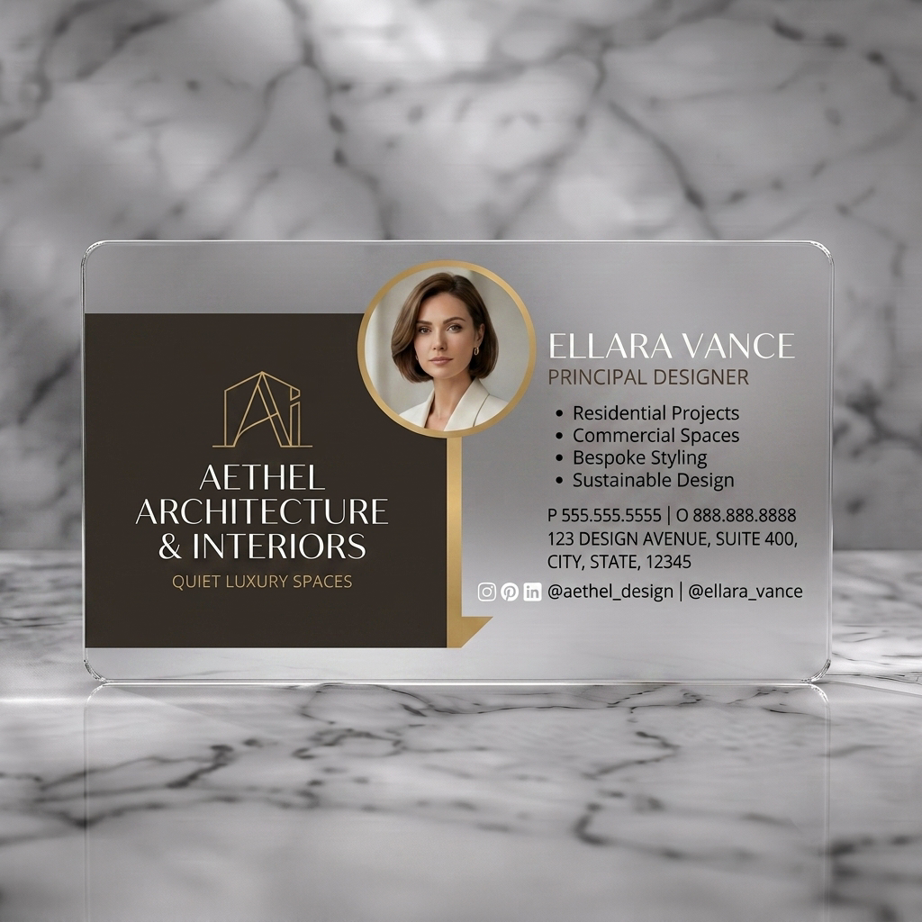 Frosted translucent plastic business card featuring luxurious split-panel design with charcoal and gold tones, modern sans-serif fonts, and social icons