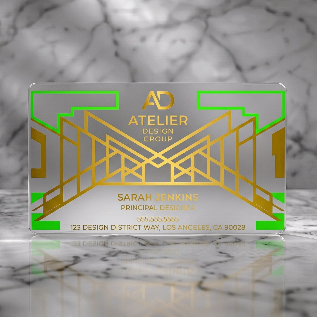 Frosted translucent plastic business card featuring gold Art Deco geometric pattern, AD monogram, and modern sans-serif typography