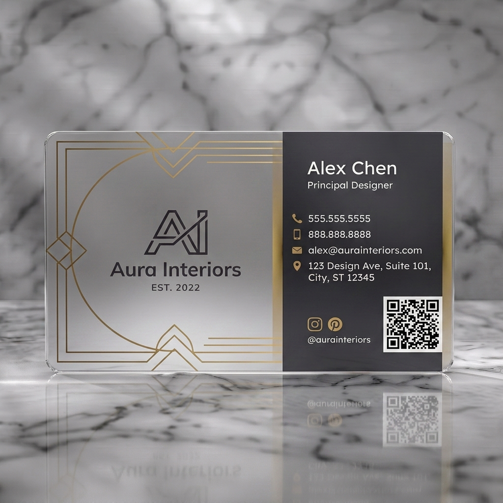 Frosted translucent plastic business card featuring sophisticated charcoal and gold design, modern line art, clean sans-serif typography, and simple icons