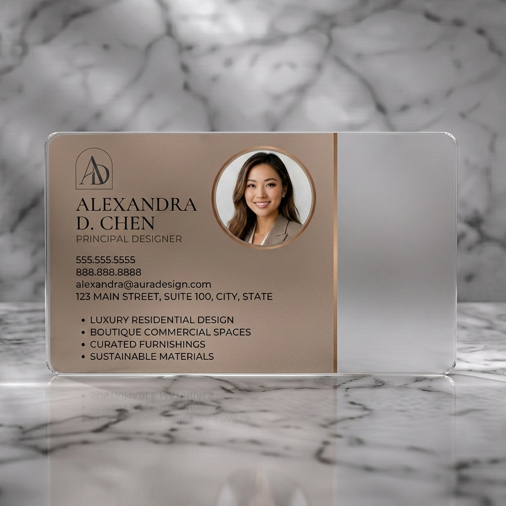 Frosted translucent plastic business card featuring elegant design with a professional portrait, warm beige and black colors, and classic serif typography