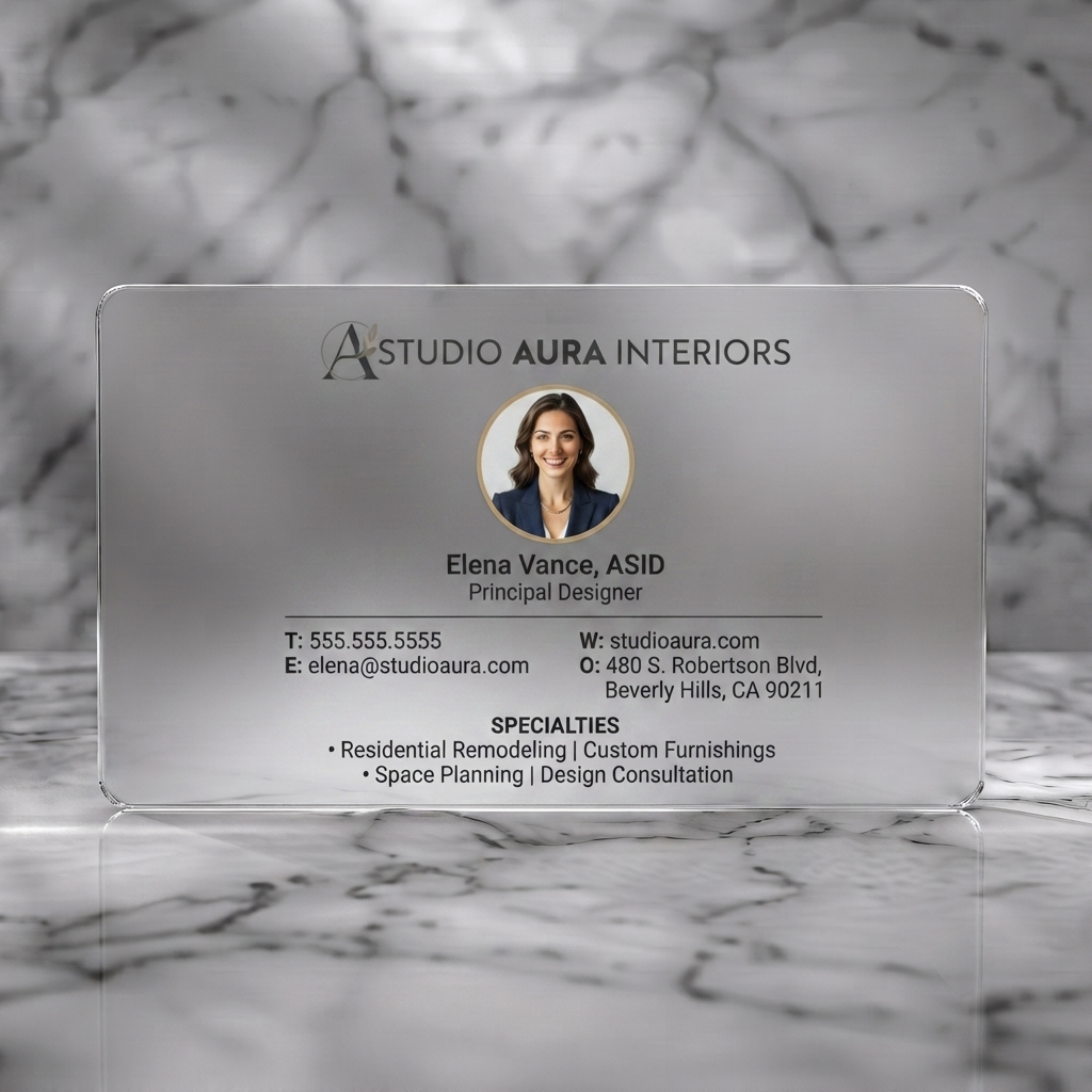 Frosted translucent plastic business card featuring a clean style using black typography, a gold leaf logo, and a circular profile picture