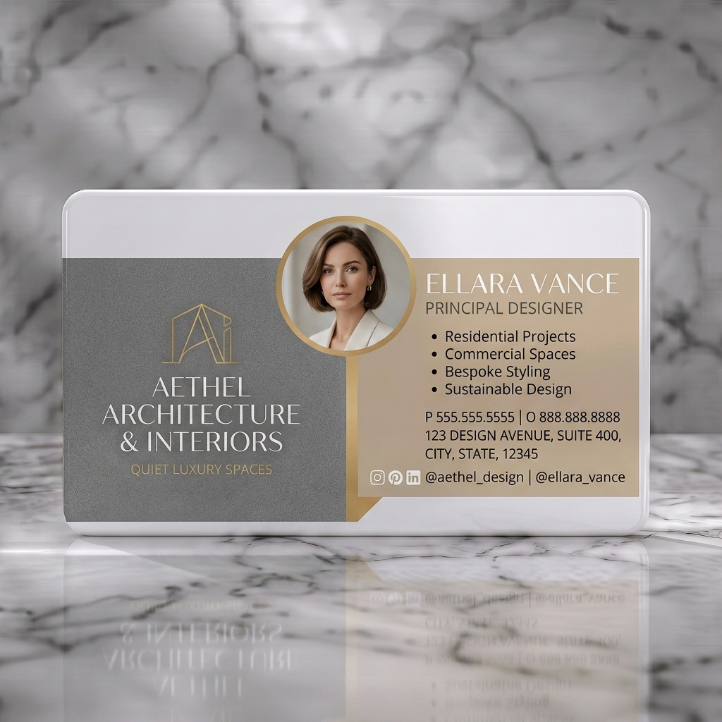 Solid white PVC business card featuring luxurious split-panel design with charcoal and gold tones, modern sans-serif fonts, and social icons