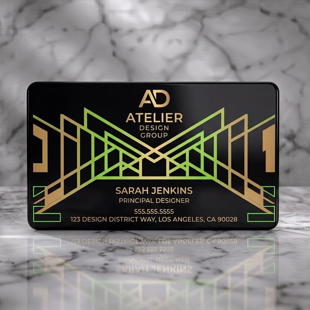 Solid white PVC business card featuring gold Art Deco geometric pattern, AD monogram, and modern sans-serif typography