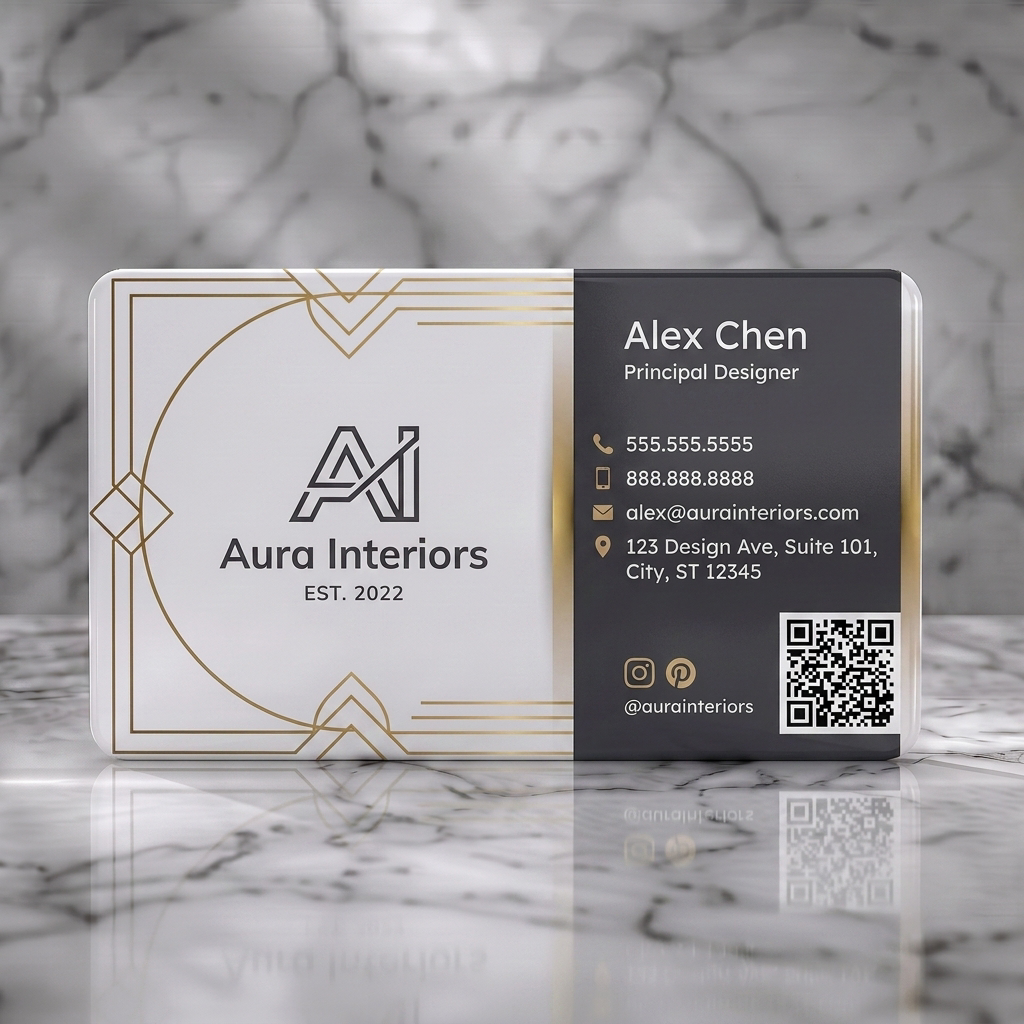 Solid white PVC business card featuring sophisticated charcoal and gold design, modern line art, clean sans-serif typography, and simple icons