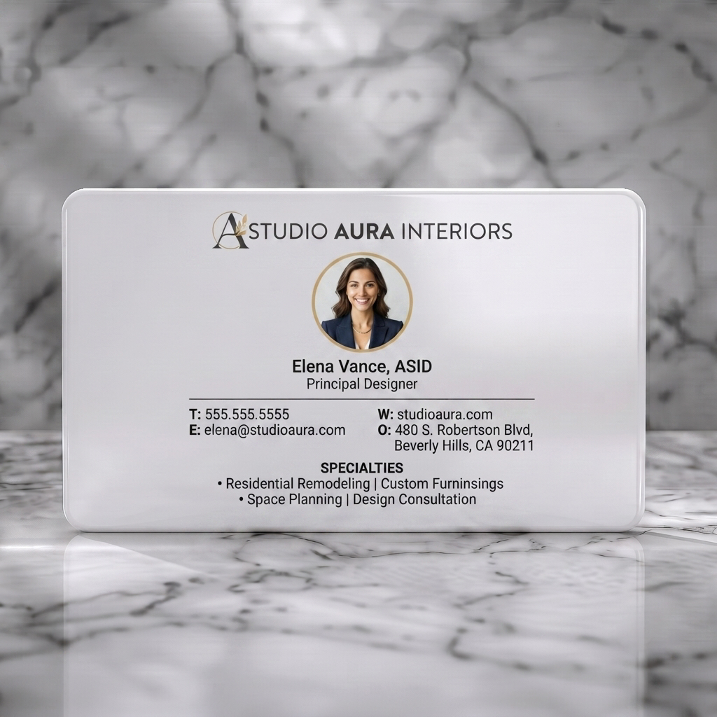 Solid white PVC business card featuring a clean style using black typography, a gold leaf logo, and a circular profile picture