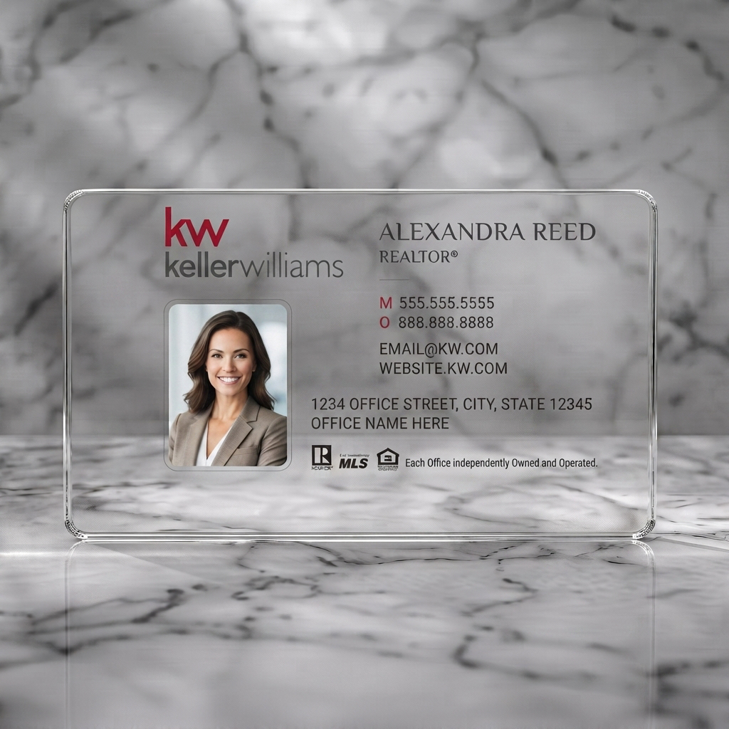 Clear plastic business card featuring modern, white design with KW red accents, clear sans-serif typography, agent photo, and industry icons
