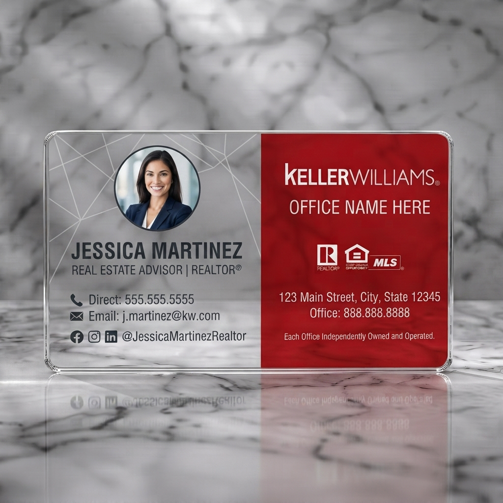 Clear plastic business card featuring modern red and white split design with an agent photo, clean sans-serif fonts, and key icons