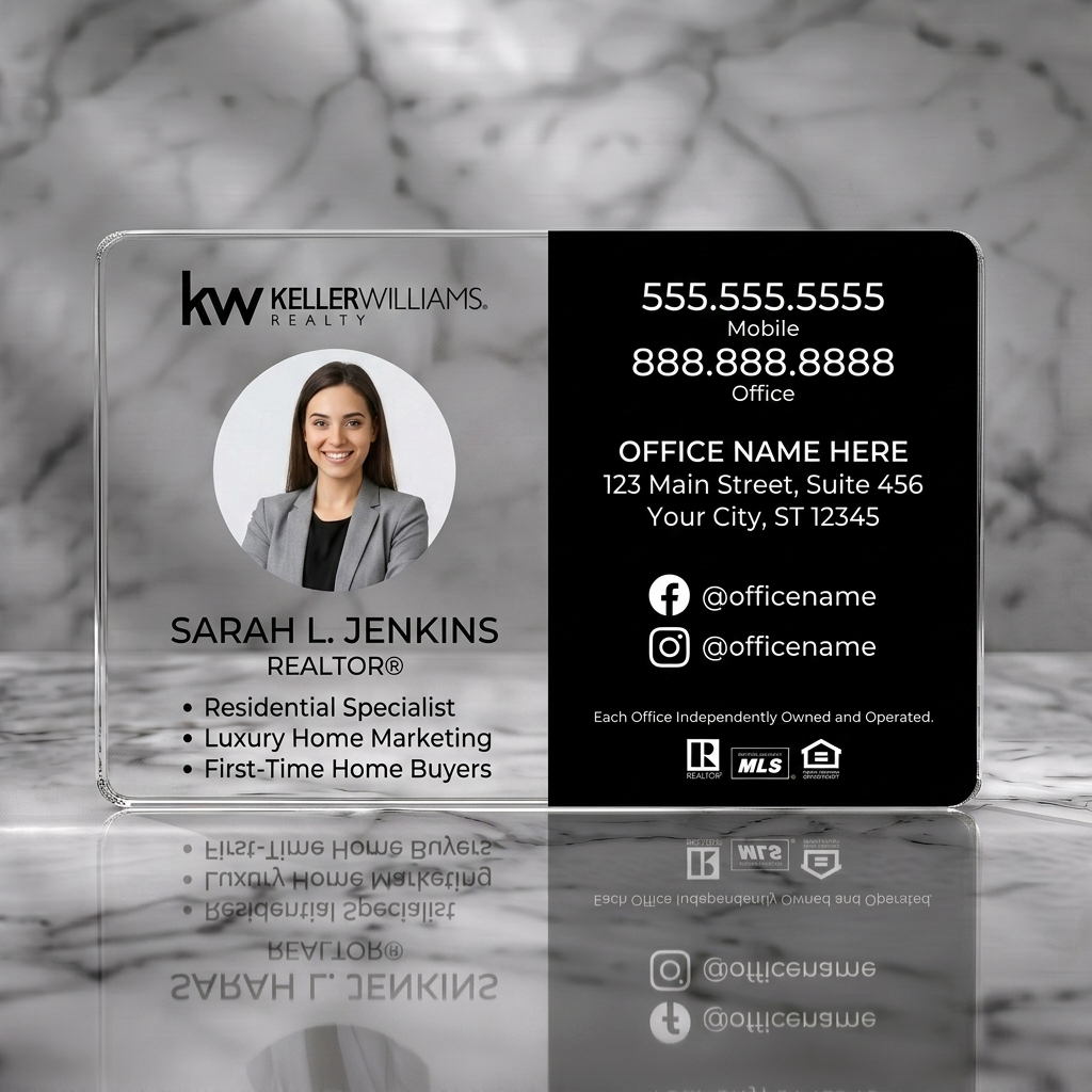 Clear plastic business card featuring a modern black and white layout with clean sans-serif text, agent photo, and social/industry icons