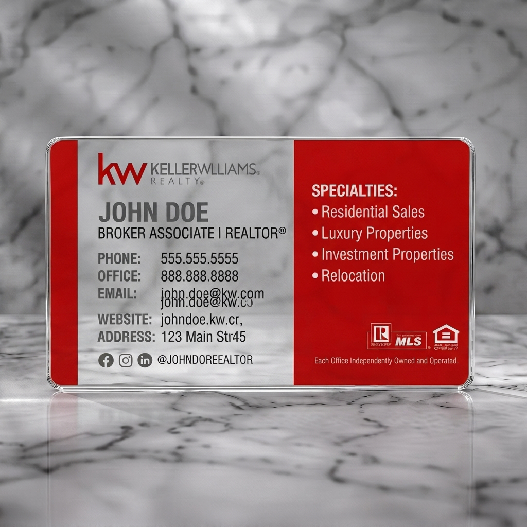 Clear plastic business card featuring clean red/white split with KW branding, sans-serif typography, subtle building pattern, and realty icons
