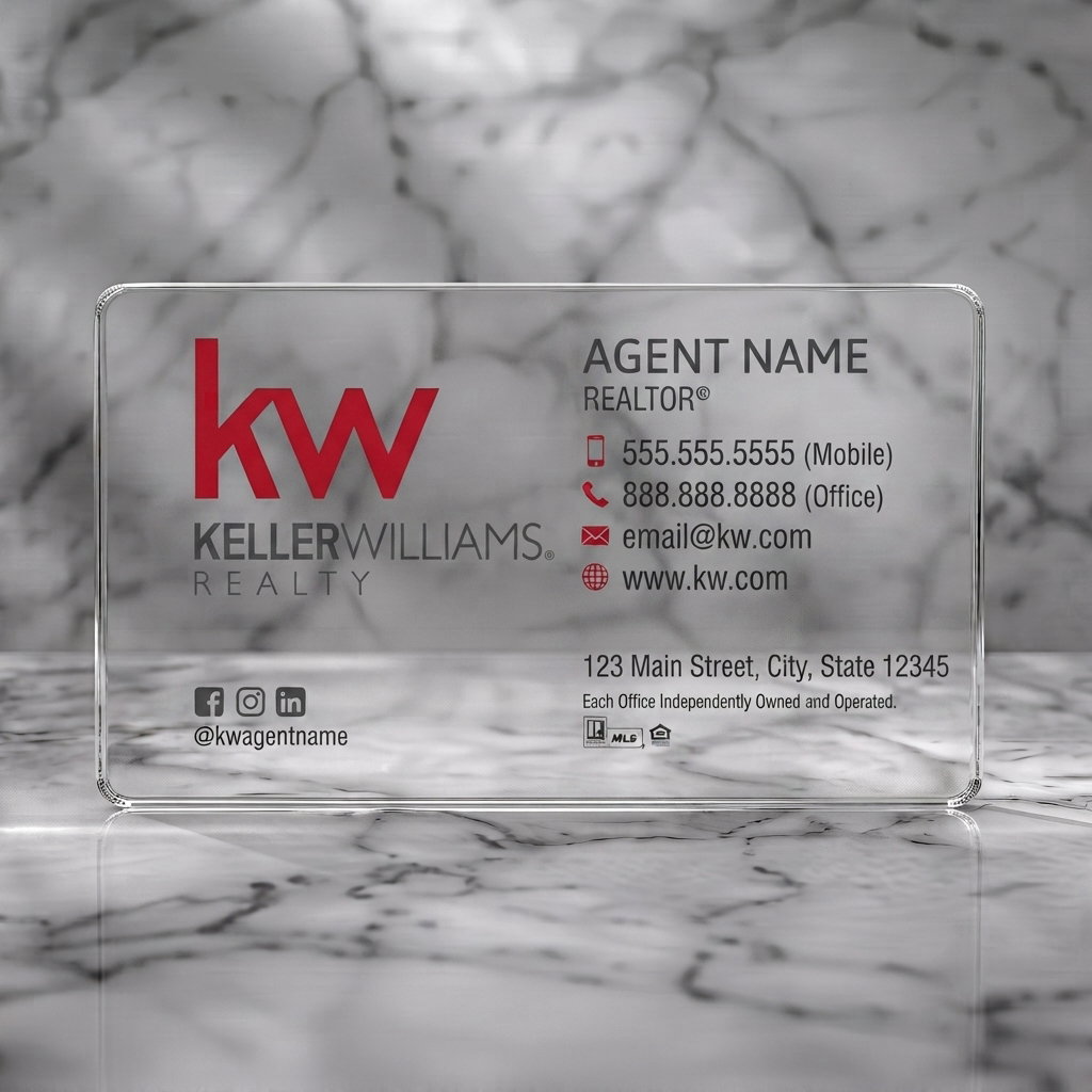 Clear plastic business card featuring clean, professional KW design, red & gray branding, sans-serif fonts, essential contact & social icons