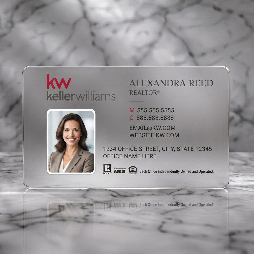 Frosted translucent plastic business card featuring modern, white design with KW red accents, clear sans-serif typography, agent photo, and industry icons