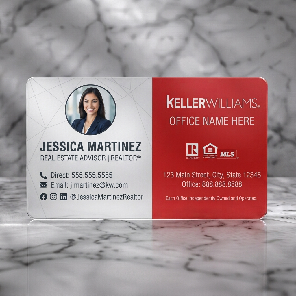 Frosted translucent plastic business card featuring modern red and white split design with an agent photo, clean sans-serif fonts, and key icons