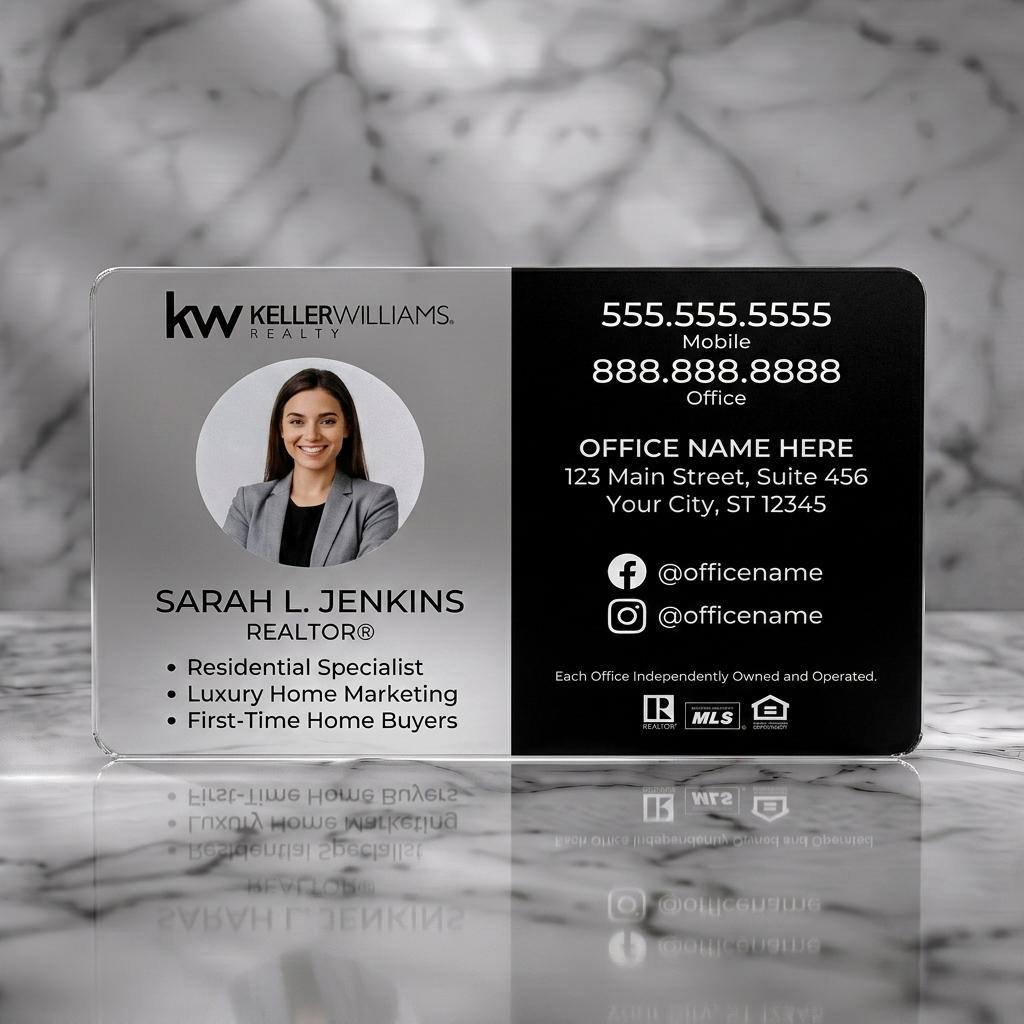 Frosted translucent plastic business card featuring a modern black and white layout with clean sans-serif text, agent photo, and social/industry icons
