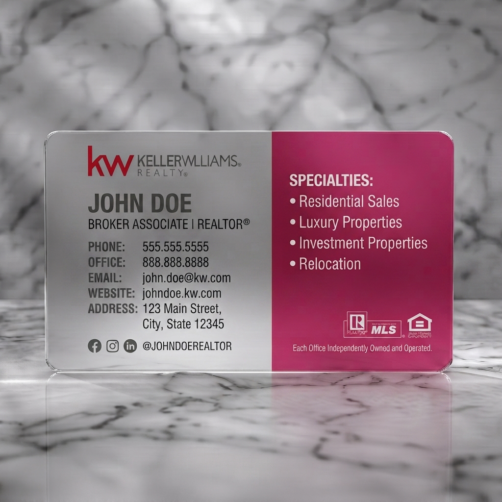 Frosted translucent plastic business card featuring clean red/white split with KW branding, sans-serif typography, subtle building pattern, and realty icons