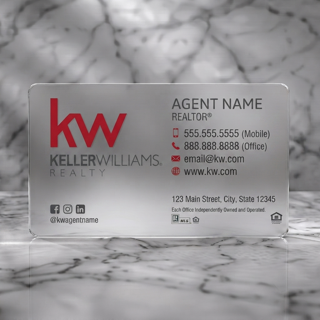 Frosted translucent plastic business card featuring clean, professional KW design, red & gray branding, sans-serif fonts, essential contact & social icons