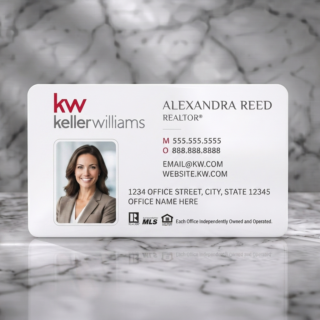 Solid white PVC business card featuring modern, white design with KW red accents, clear sans-serif typography, agent photo, and industry icons