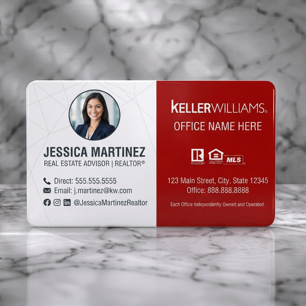 Solid white PVC business card featuring modern red and white split design with an agent photo, clean sans-serif fonts, and key icons