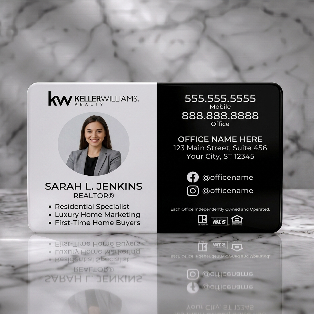 Solid white PVC business card featuring a modern black and white layout with clean sans-serif text, agent photo, and social/industry icons