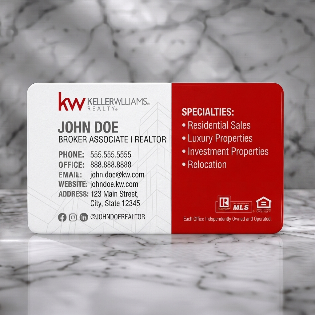 Solid white PVC business card featuring clean red/white split with KW branding, sans-serif typography, subtle building pattern, and realty icons