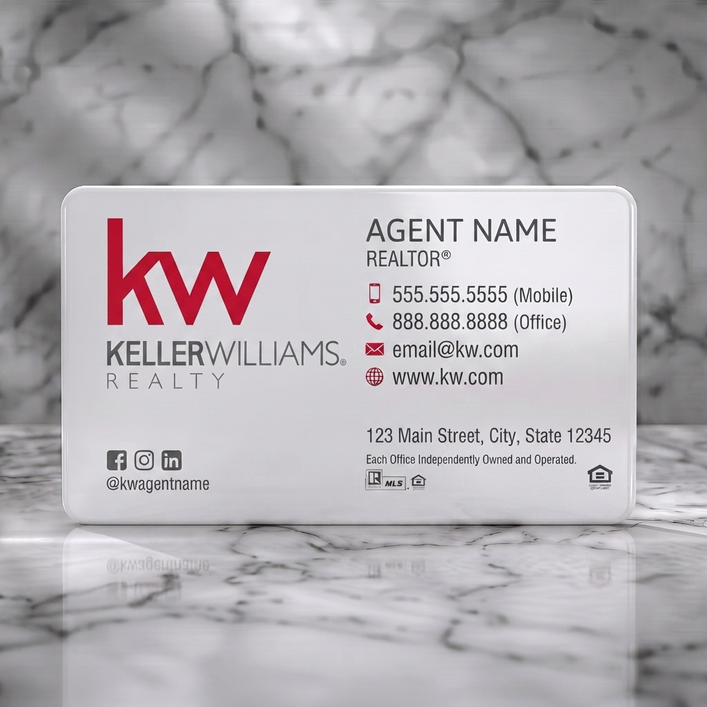 Solid white PVC business card featuring clean, professional KW design, red & gray branding, sans-serif fonts, essential contact & social icons