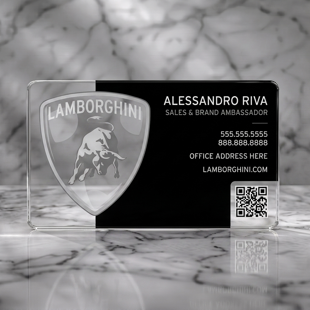 Clear plastic business card featuring a bold black layout, iconic Lamborghini shield, crisp white sans-serif typography, and QR code
