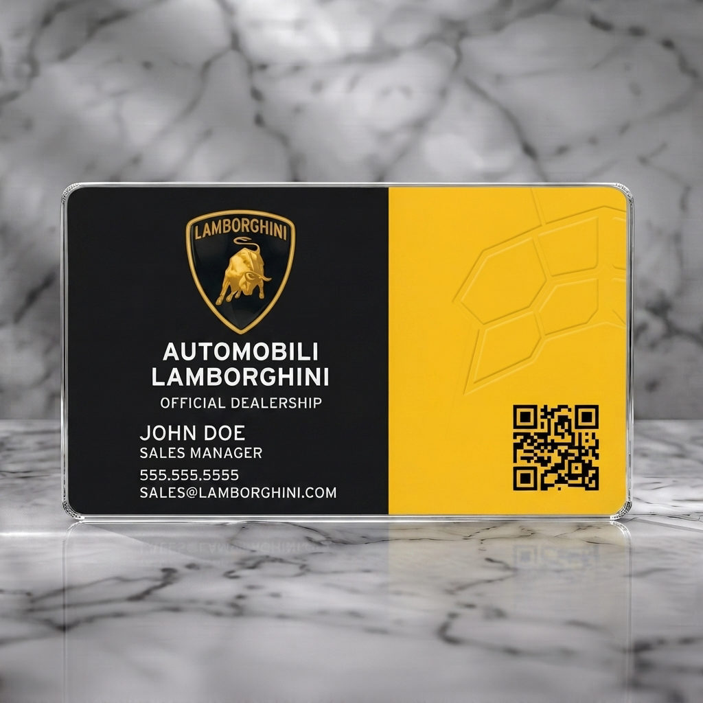 Clear plastic business card featuring a luxurious black and yellow design with the iconic Lamborghini logo, modern typography, hexagonal pattern, and QR code